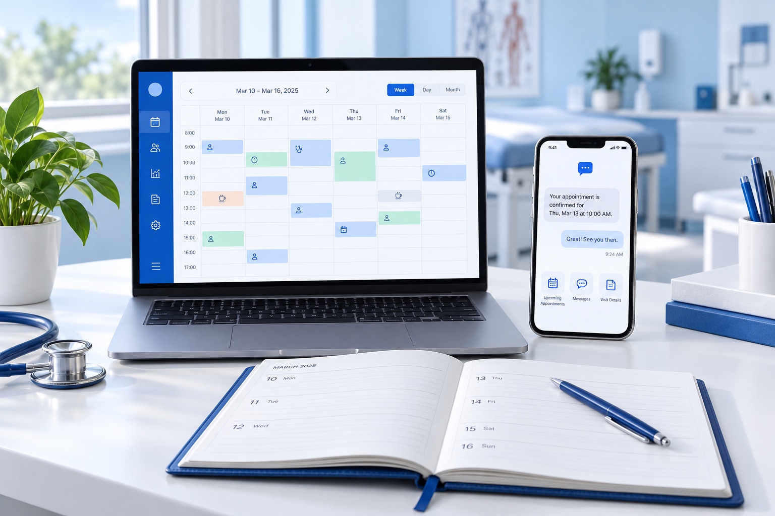 Laptop con calendario de citas, app de mensajería en un teléfono y agenda de papel sobre un escritorio médico.