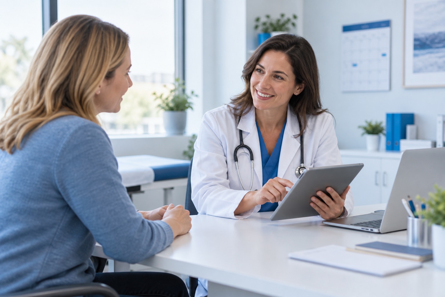 Doctora conversando con una paciente y utilizando una tablet durante una consulta.